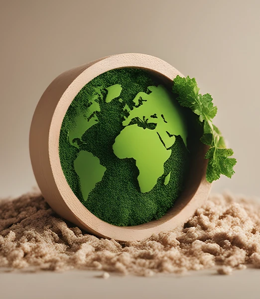 A wooden round shape with the earth map inside in green and composite material on the ground